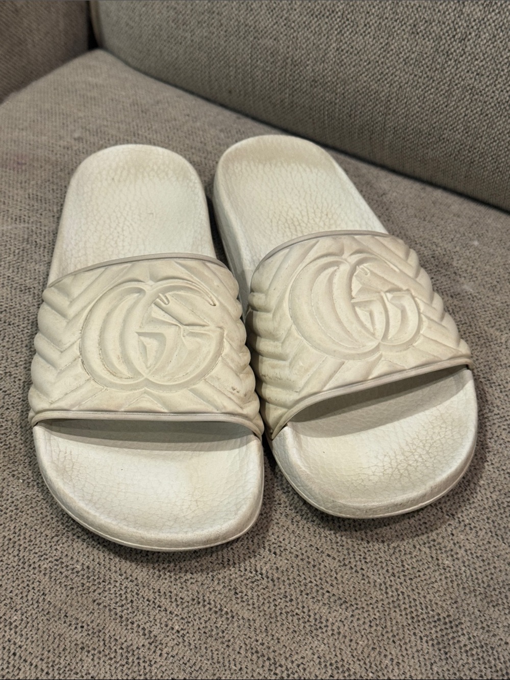 Gucci White Quilted Logo Slide Sandals